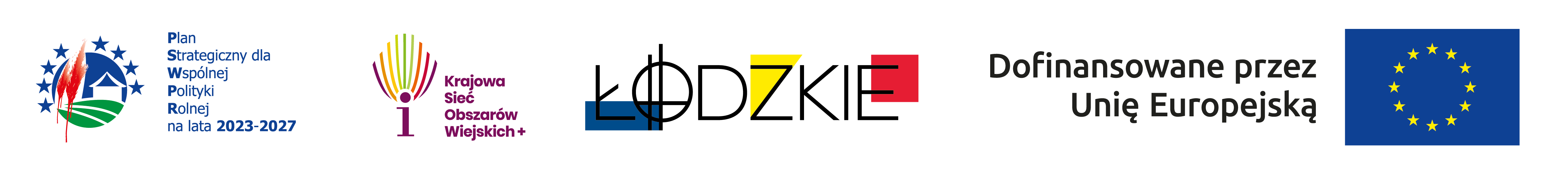 Baner przedstawia pasek z czterema logotypami od lewej logo: programu Plan Strategiczny dla Wspólnej Polityki Rolnej na lata 2023–2027, Krajowej Sieci Obszarów Wiejskich+, województwa łódzkiego, informacja o dofinansowaniu przez Unię Europejską oraz flaga Unii Europejskiej.