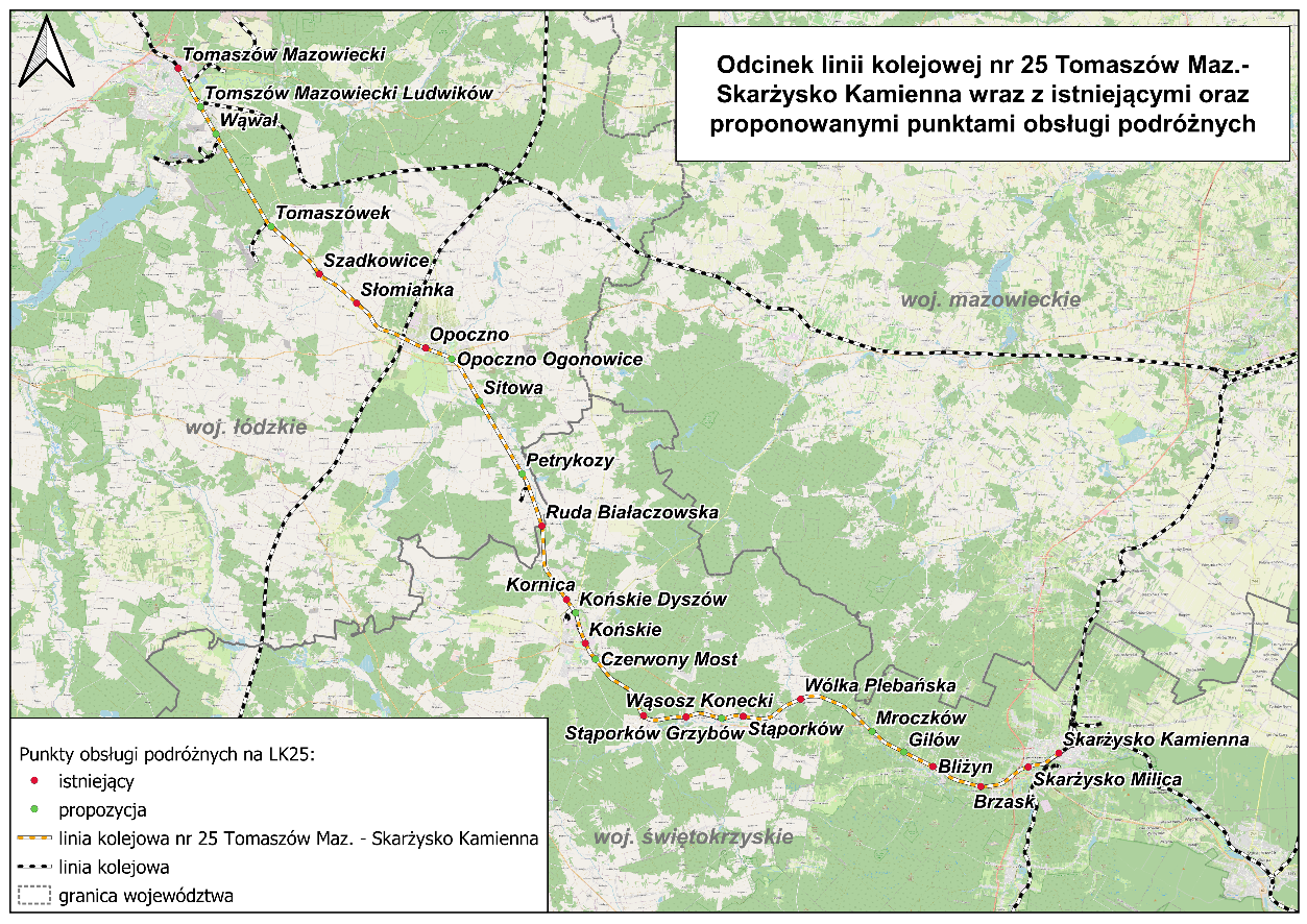 Odcinek linii kolejowej nr 25 Tomaszów Maz. - Skarżysko Kamienna wraz z istniejącymi oraz proponowanymi punktami obsługi podróżnych