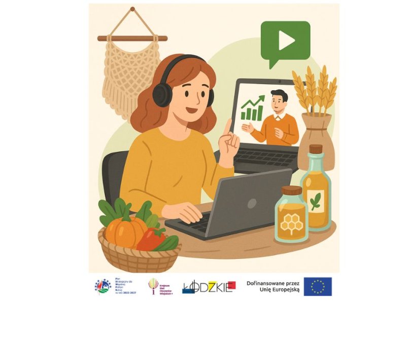 Kobieta w słuchawkach uczestniczy w wideokonferencji przy laptopie, na biurku ma produkty naturalne i warzywa; ilustracja z logotypami programów unijnych i województwa łódzkiego.