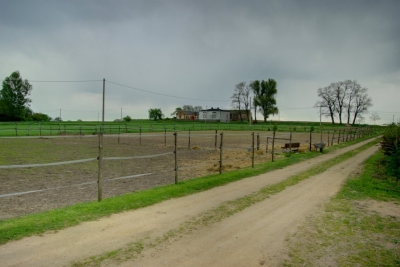 Droga do stajni, widok na padoki ogrodzone pastuchem.